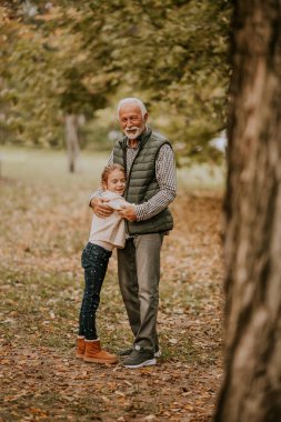 Yakışıklı büyükbaba sonbahar günü torunuyla parkta vakit geçiriyor.