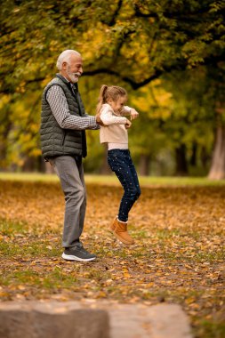 Yakışıklı büyükbaba sonbahar günü torunuyla parkta vakit geçiriyor.
