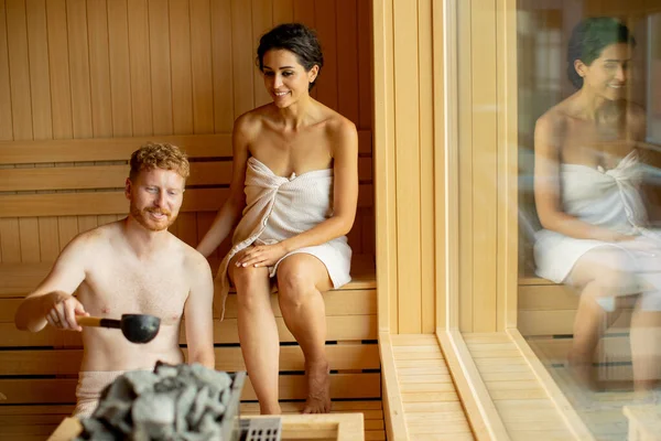 Handsome Young Couple Relaxing Sauna — Stock Photo, Image