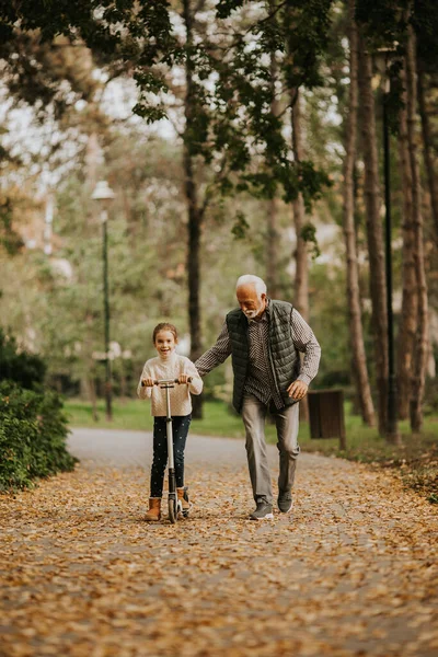 Senior Uczy Wnuczkę Jeździć Hulajnodze Jesiennym Parku — Zdjęcie stockowe