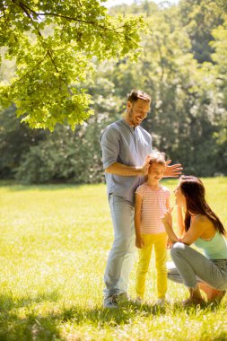Küçük tatlı kızıyla mutlu bir aile güneşli bir günde parkta eğleniyor.