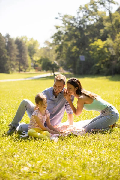 晴れた日に公園で楽しんでいるかわいい娘と幸せな若い家族 — ストック写真