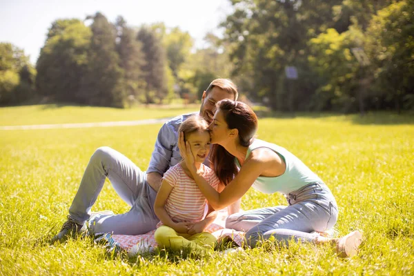 晴れた日に公園で楽しんでいるかわいい娘と幸せな若い家族 — ストック写真