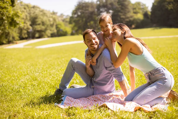 Joyeux Jeune Famille Avec Mignonne Petite Fille Amuser Dans Parc — Photo