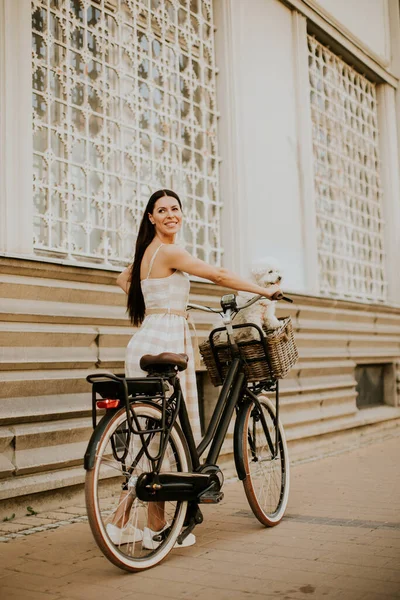 Pretty Young Woman White Bichon Frise Dog Basket Electric Bike — Stock Photo, Image