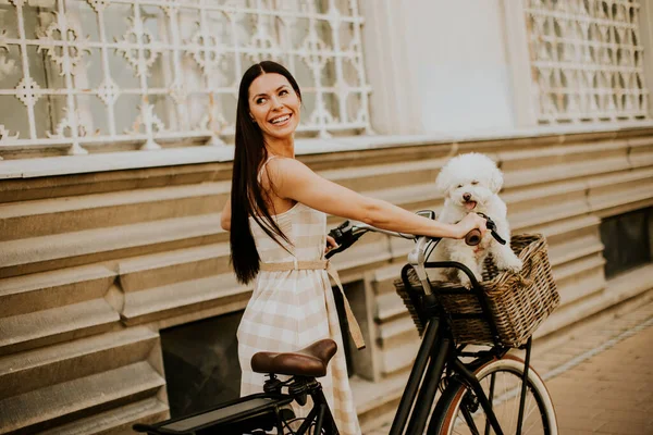 Красивая Молодая Женщина Белым Бишон Фриз Собакой Корзине Электрического Велосипеда — стоковое фото