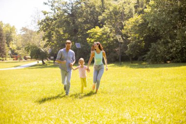 Küçük tatlı kızıyla mutlu bir aile güneşli bir günde parkta eğleniyor.