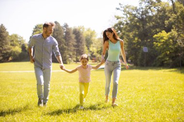 Küçük tatlı kızıyla mutlu bir aile güneşli bir günde parkta eğleniyor.