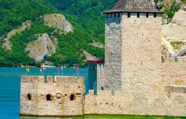 Sırbistan 'ın Golubac kentindeki Tuna Nehri üzerindeki ortaçağ kalesine bak