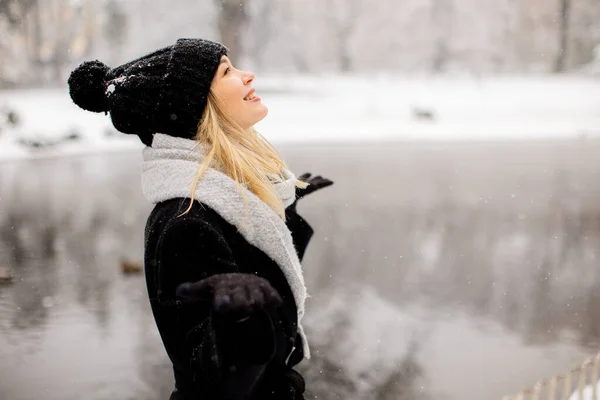 Hübsche Junge Frau Warmer Kleidung Genießt Schnee — Stockfoto