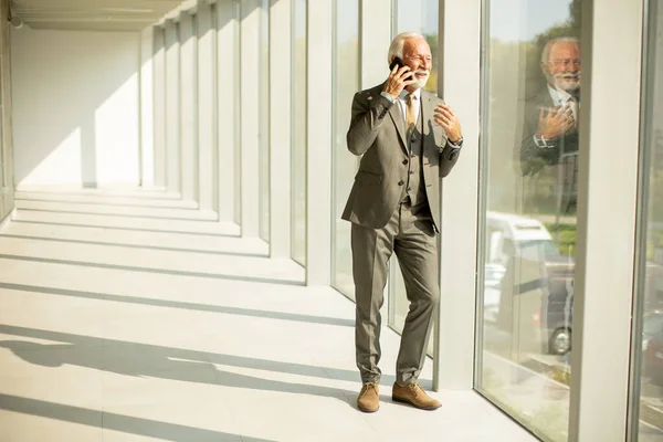 Senior Business Man Stands Office Hallway Focused His Mobile Phone Stockbild
