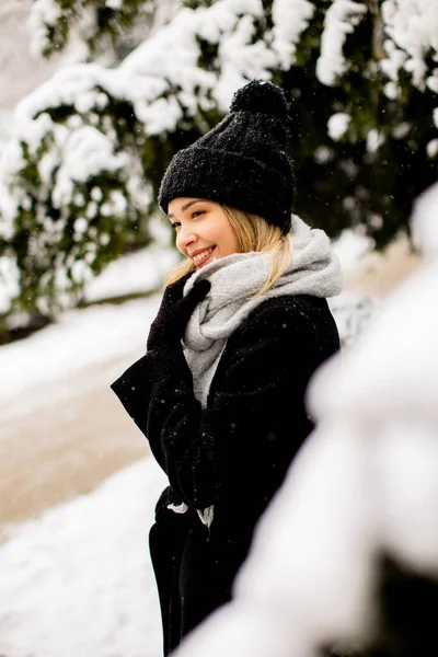 Pretty Young Womani Warm Clothes Enjoying Snow — Stock Photo, Image