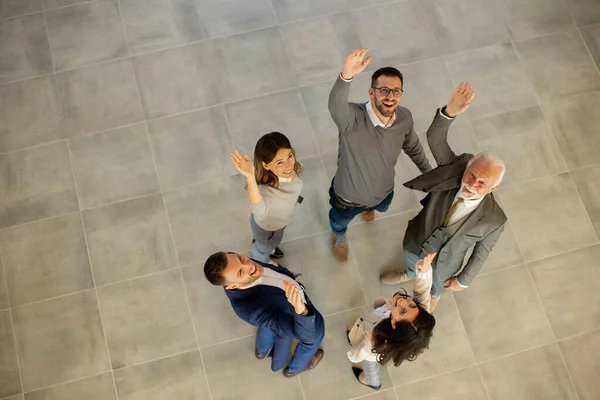 Aerial View Happy Business People Raise Hands Together Joy Success Stock Image