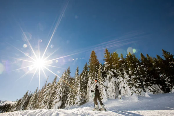 Ensam Ung Hona Njuter Solig Vinterdag Skidåkning Klädd Full Snöutrustning — Stockfoto