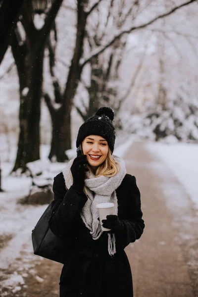 Young Woman Wearing Warm Winter Clothes Knit Hat Smiles Happily —  Fotos de Stock
