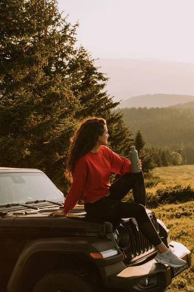 Pretty Young Woman Relaxing Terrain Vehicle Hood Countryside — Stockfoto