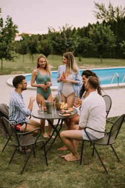 Group of happy young people cheering with cider by the pool in the garden