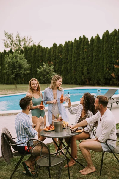 Group Happy Young People Cheering Cider Pool Garden — Stockfoto