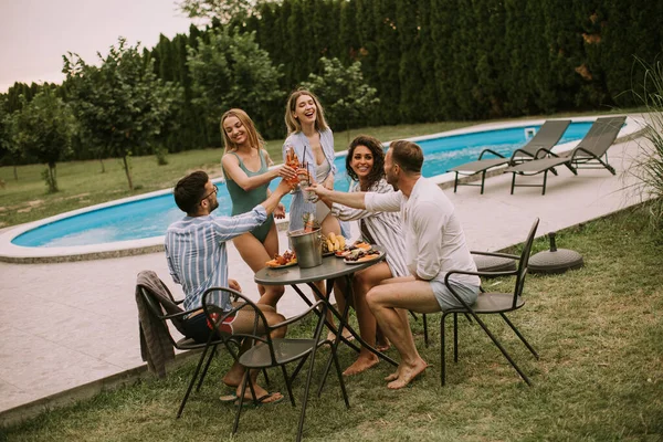 Group Happy Young People Cheering Cider Pool Garden — Foto Stock