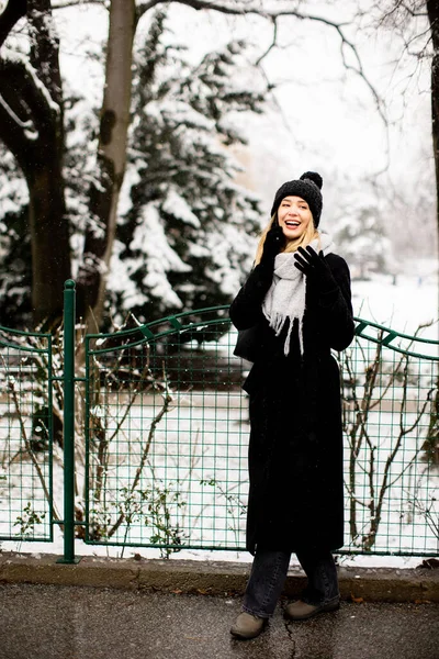 Young Woman Wearing Warm Winter Clothes Knit Hat Smiles Happily —  Fotos de Stock