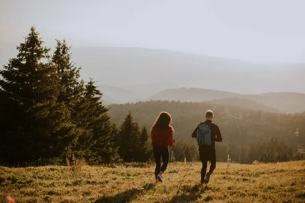 Smiling Young Couple Walking Backpacks Green Hills — Stock Photo, Image