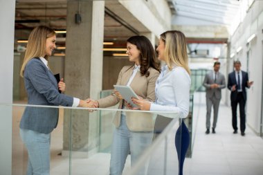 Üç sevimli genç iş kadını ofis koridorunda tartışıyorlar.