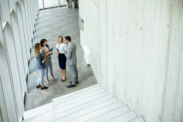 Young Startup Team Have Discussion Stairs Office Corridor — Stock Photo, Image