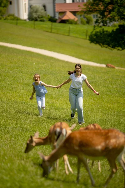 Two Little Girls Running Reindeer Herd Sunny Day — Zdjęcie stockowe