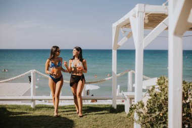 Sahilde kokteyl içerek tatilin tadını çıkaran bikinili iki genç kadın.