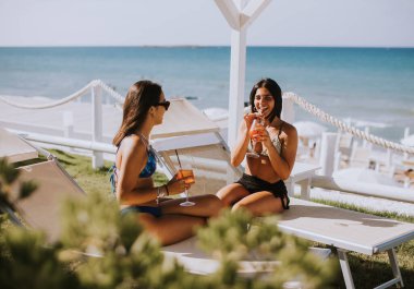 İki gülümseyen bikinili genç kadın kokteyl içerken sahilde tatilin tadını çıkarıyor.