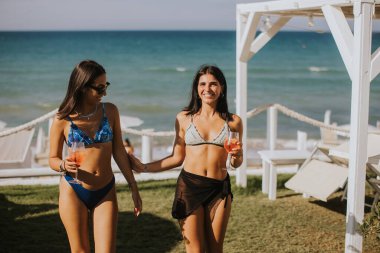 İki gülümseyen bikinili genç kadın kokteyl içerken sahilde tatilin tadını çıkarıyor.