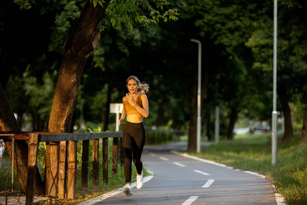 Mujer Joven Bonita Corriendo Carril Parque —  Fotos de Stock