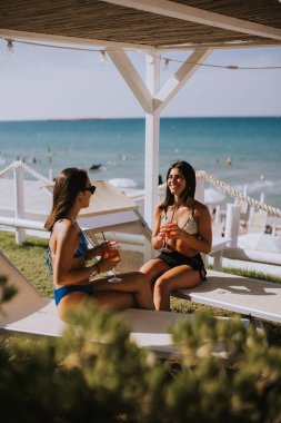 İki gülümseyen bikinili genç kadın kokteyl içerken sahilde tatilin tadını çıkarıyor.