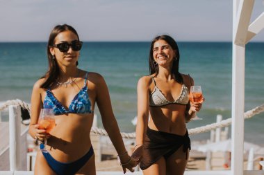 İki gülümseyen bikinili genç kadın kokteyl içerken sahilde tatilin tadını çıkarıyor.