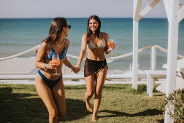 İki gülümseyen bikinili genç kadın kokteyl içerken sahilde tatilin tadını çıkarıyor.