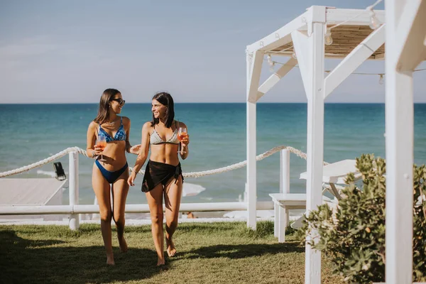 两个穿着比基尼 面带微笑的年轻女子一边喝酒一边在海滩度假 — 图库照片