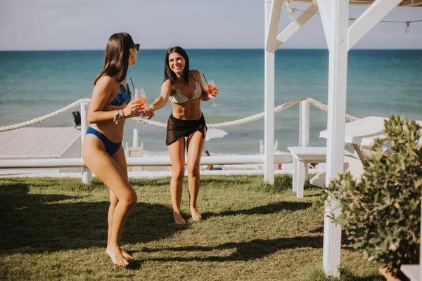 Δύο Χαμογελαστές Νεαρές Γυναίκες Μπικίνι Απολαμβάνοντας Διακοπές Στην Παραλία Πίνοντας — Φωτογραφία Αρχείου