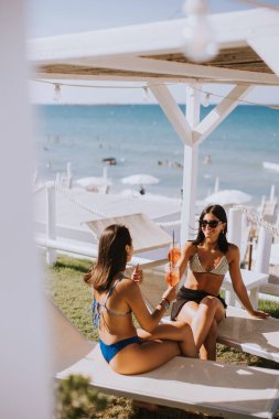 İki gülümseyen bikinili genç kadın kokteyl içerken sahilde tatilin tadını çıkarıyor.
