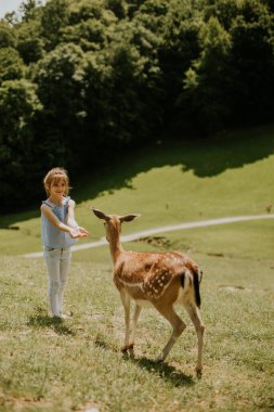 Cute little girl among reindeer herd on the sunny day