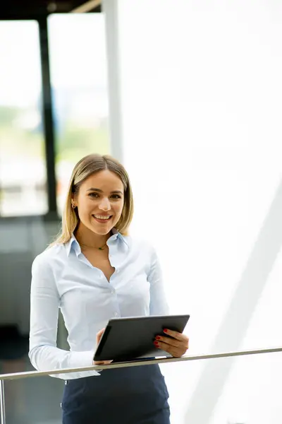 Young Business Woman Digital Tablet Standing Modern Office Wallway Royalty Free Stock Images