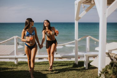 İki gülümseyen bikinili genç kadın kokteyl içerken sahilde tatilin tadını çıkarıyor.