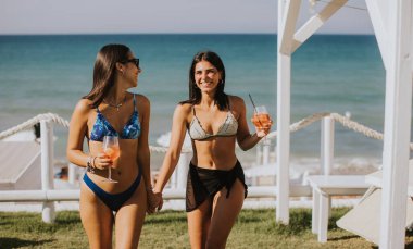 İki gülümseyen bikinili genç kadın kokteyl içerken sahilde tatilin tadını çıkarıyor.