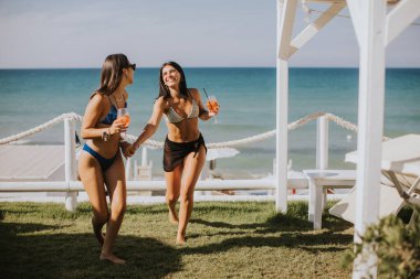 İki gülümseyen bikinili genç kadın kokteyl içerken sahilde tatilin tadını çıkarıyor.