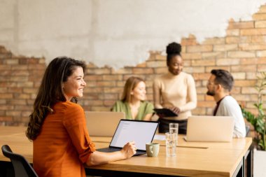 Modern ofiste genç çoklu etnik girişimci ekibiyle birlikte dizüstü bilgisayarda çalışan güzel bir iş kadını.