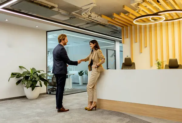 Two Professionals Exchanging Greetings Friendly Handshake Sleek Office Environment — Stock Photo, Image