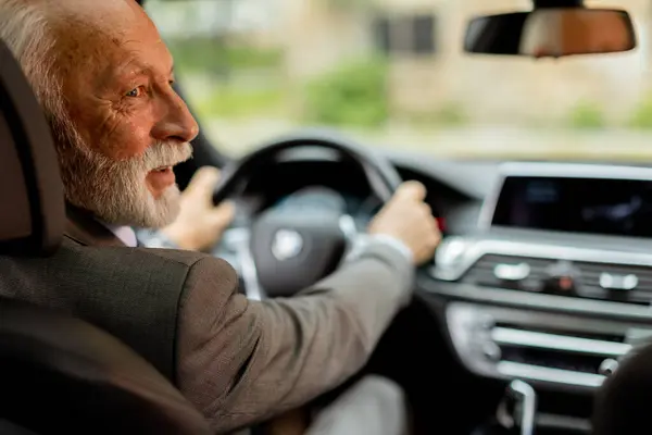 Cheerful elderly man in a suit driving leisurely, basking in the warm glow of a bright day