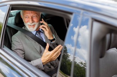 Rahat bir araba yolculuğunda, tatlı yaşlı adam cep telefonuyla sohbet eder. Cazibesi ve kendine güveni vardır.