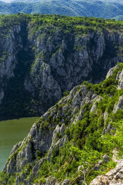 Tuna Nehri 'nin sakin suları, parlak mavi gökyüzünün altındaki görkemli kaya oluşumlarına karşı yemyeşil çimlerin zıt olduğu Djerdap vadisinin yüksek uçurumlarını kucaklıyor.