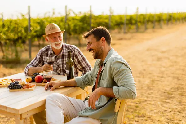 stock image Two friends savor the rich flavors of local wine and delicious snacks at a rustic outdoor table, basking in the golden glow of the vineyard at sunset