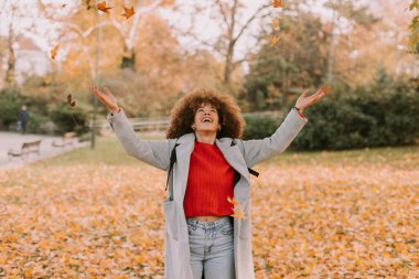Kıvırcık saçlı neşeli bir birey sonbaharda bir parkta oynar, neşe içinde düşen yapraklardan oluşan altın bir battaniyenin arasına canlı yapraklar atar..